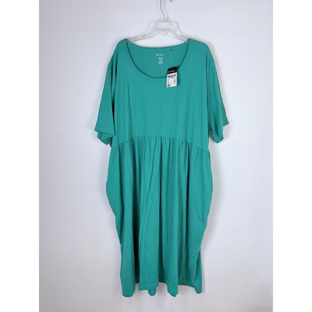 NWT Ulla Popken Green Cotton Empire Waist Pocket Midi Dress Plus 28/30